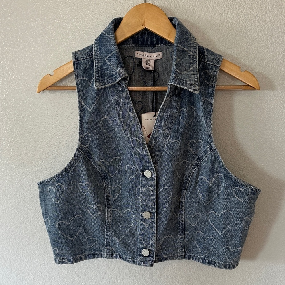 Sincerely Jules Blue Denim Collared Button Up Etched Hearts XL Tank Vest, XL